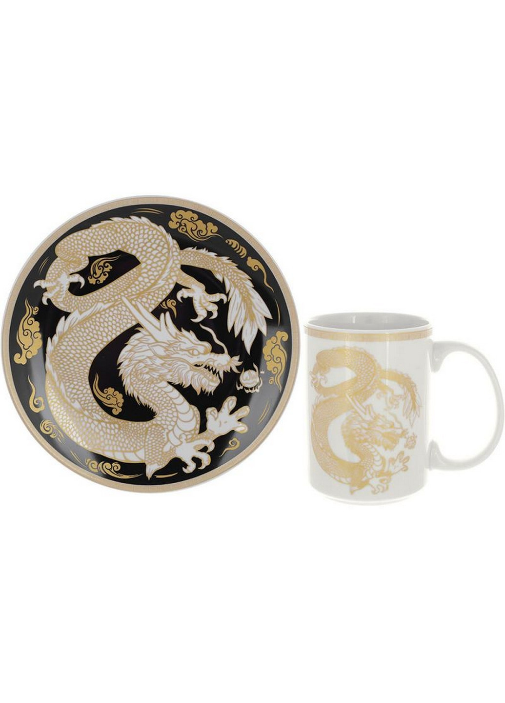 Чайна порцелянова пара "Золотий Дракон на чорному" кружка, тарілка BonaDi (268460897)