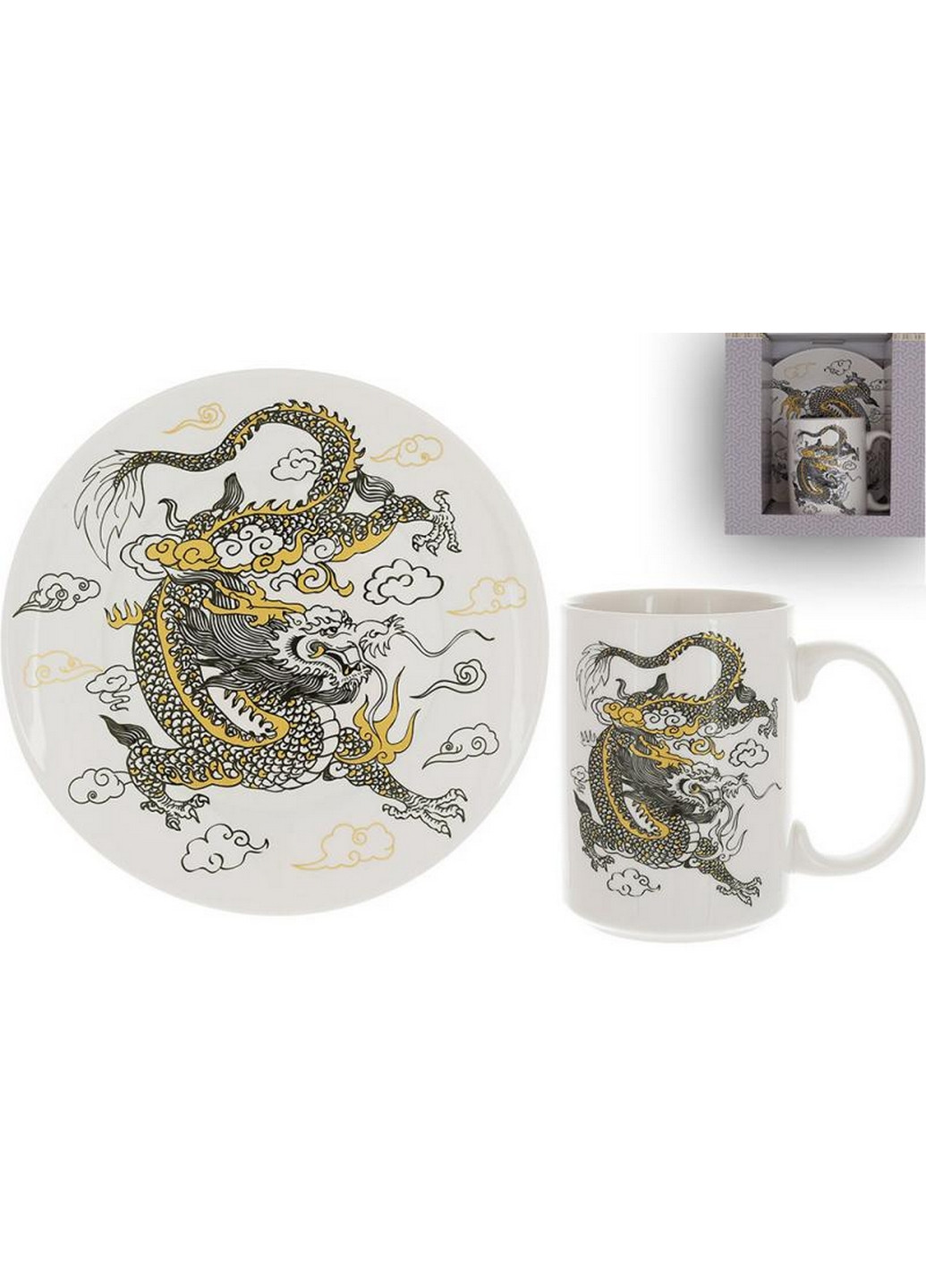 Чайная фарфоровая пара "Дракон на белом" кружка, тарелка BonaDi (268457047)