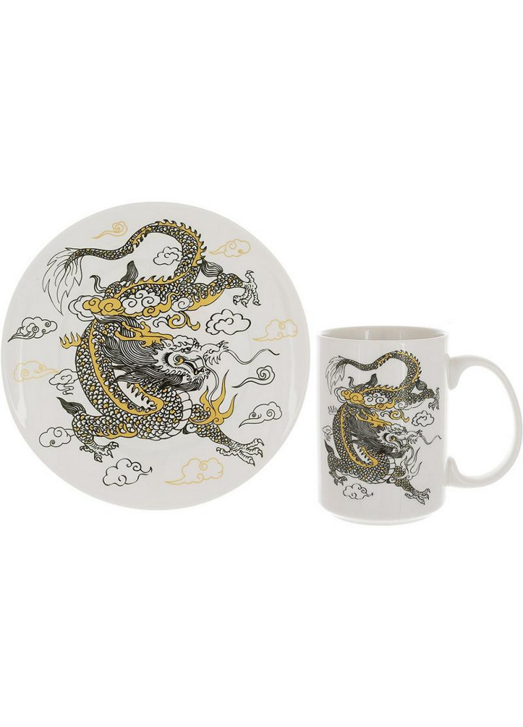 Чайная фарфоровая пара "Дракон на белом" кружка, тарелка BonaDi (268457047)