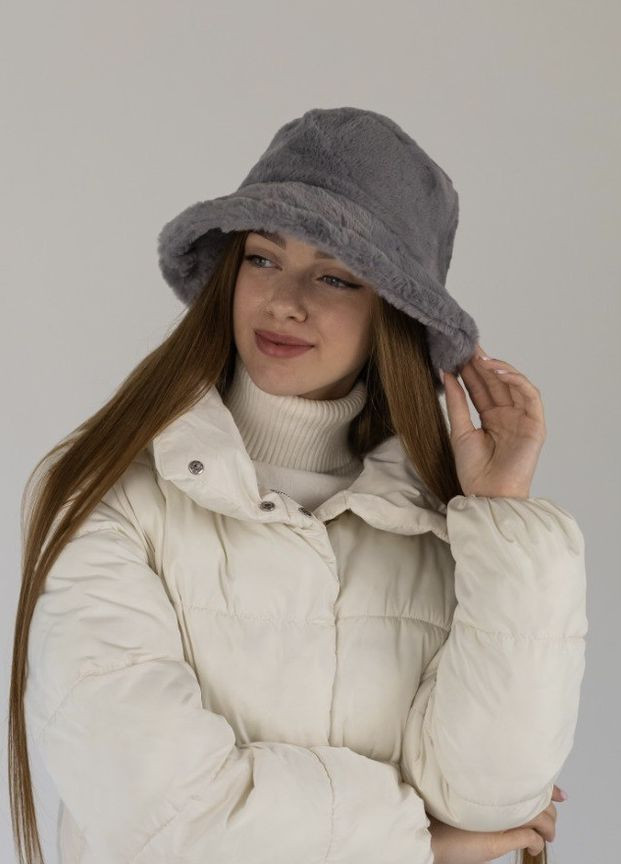 Теплая меховаяя панама женская Fluffy серая с регулировкой размера No Brand (268548863)