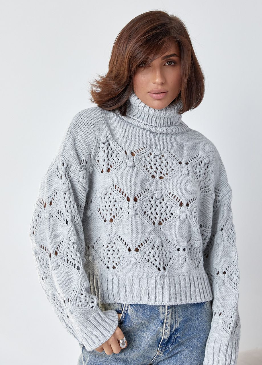 Сірий зимовий ажурний светр із застібкою з боків Lurex