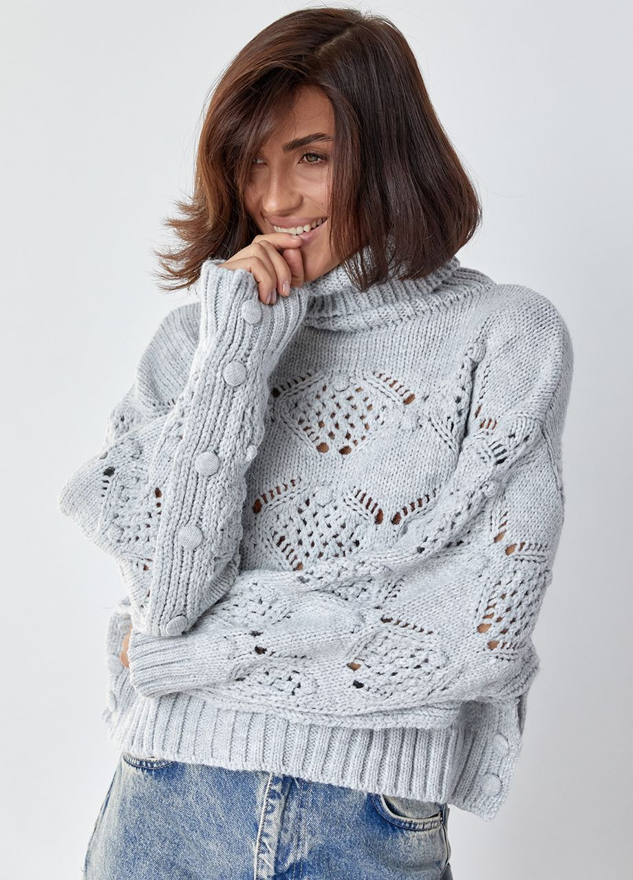 Серый зимний ажурный свитер с застежкой по бокам Lurex