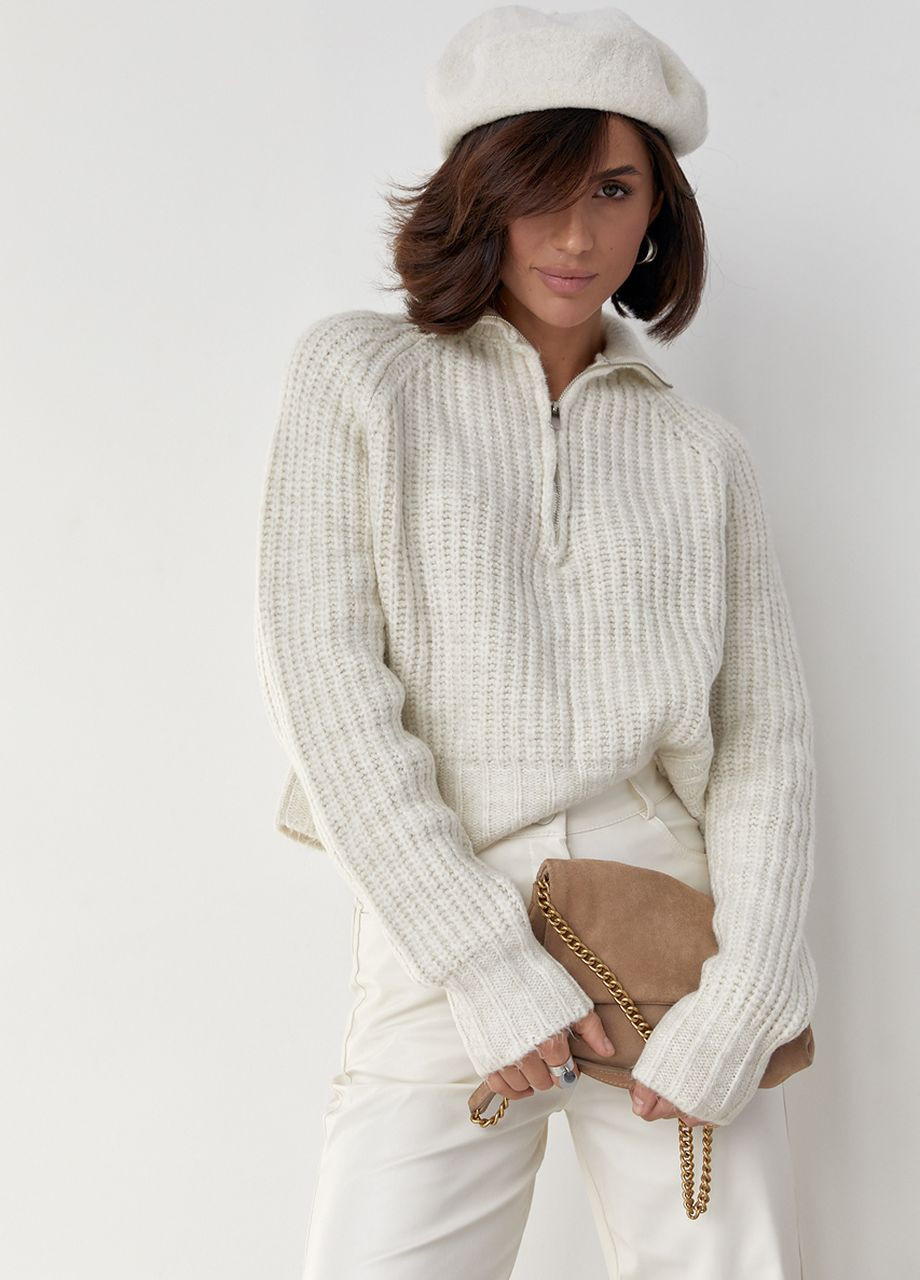 Молочний зимовий жіночий трикотажні светри oversize з коміром на блискавці Lurex