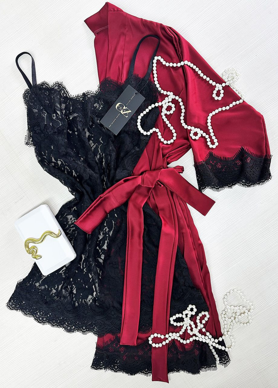 Бордова всесезон атласний халат для дому з мереживом+пеньюар 44 бордовий (17111-156) Ghazel
