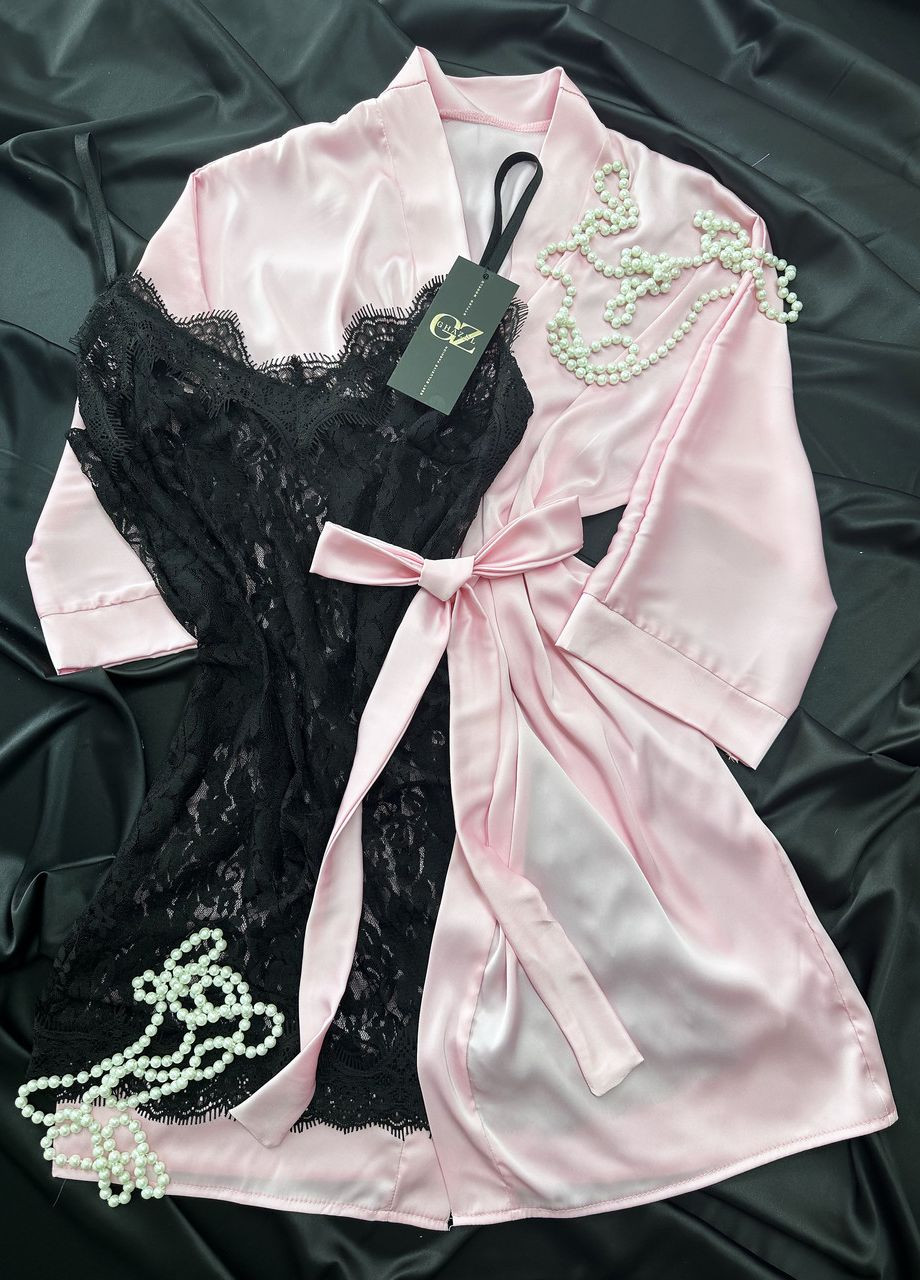 Розовая всесезон атласный халат для дома +пеньюар 46 розовый_черный (17111-171) Ghazel