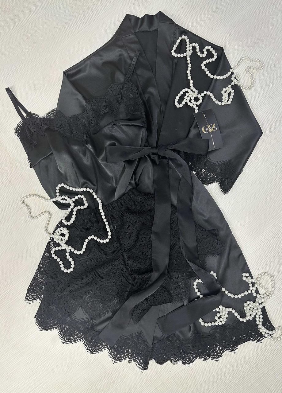 Чорна всесезон шовковий домашній комплект шортики+майка+халат шовк з мереживом (трійка) 44 чорний (17111-172) Ghazel