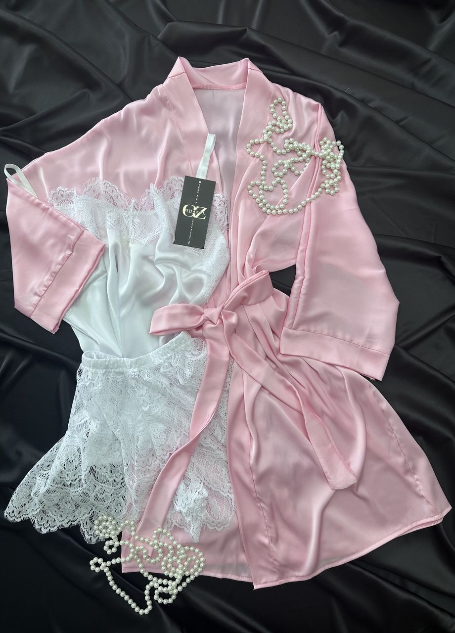 Розовая всесезон шелковый домашний комплект шортики+майка+халат шелк (тройка) 48 розовый_белый (17111-173/8) Ghazel