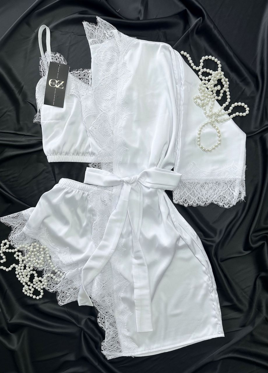Белая всесезон шелковый домашний комплект шортики+майка+халат шелк с кружевом тройка 56 белый_белый (17111-169/88) Ghazel