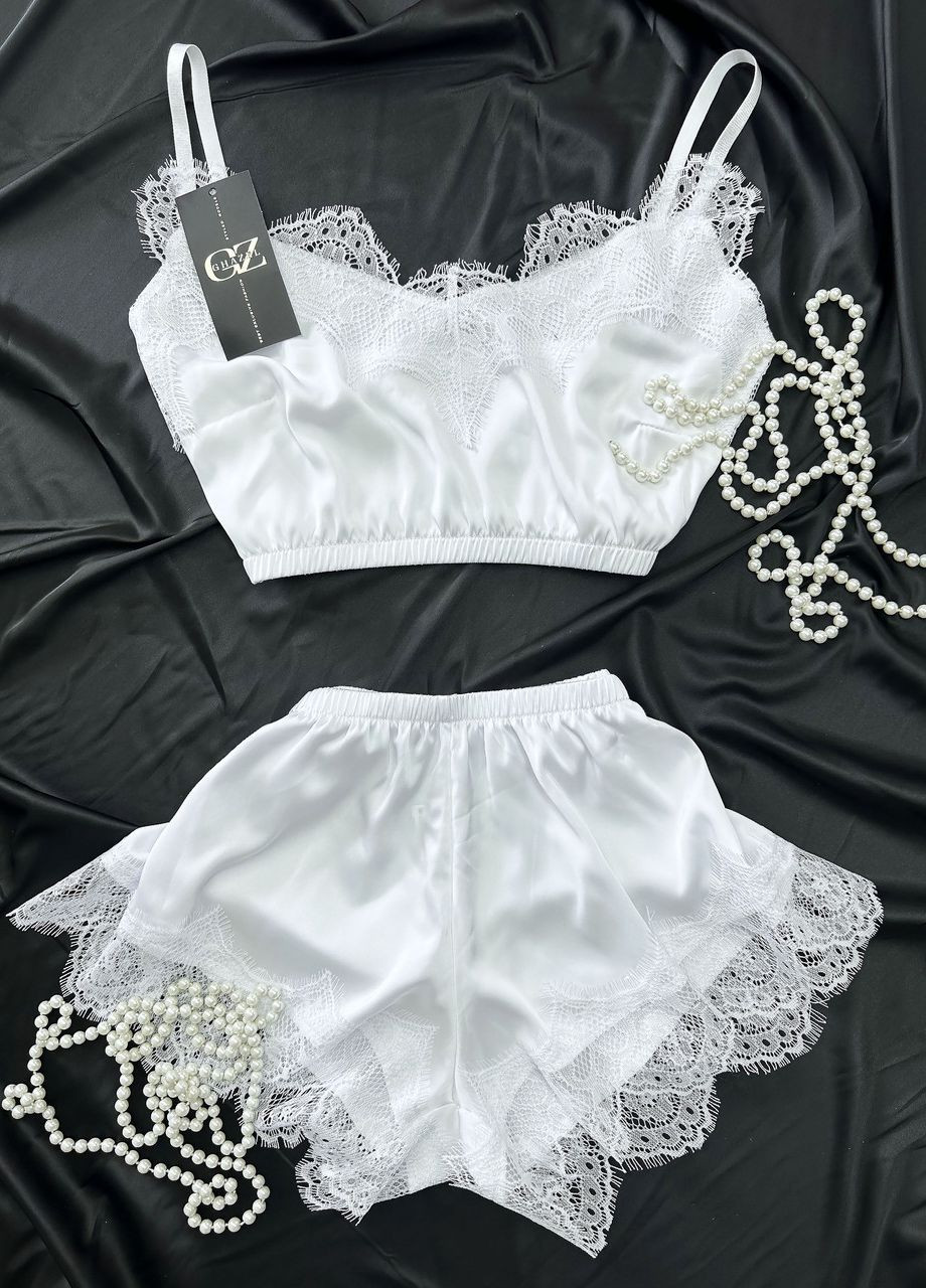 Белая всесезон шелковый домашний комплект шортики+майка+халат шелк с кружевом тройка 50 белый_белый (17111-169/8) Ghazel