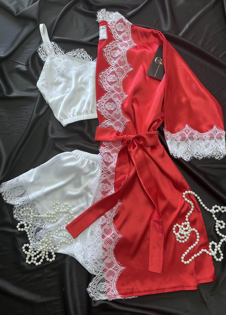 Червона всесезон шовковий домашній комплект шортики+майка+халат шовк з мереживом трійка 52 червоний_білий (17111-169/88) Ghazel