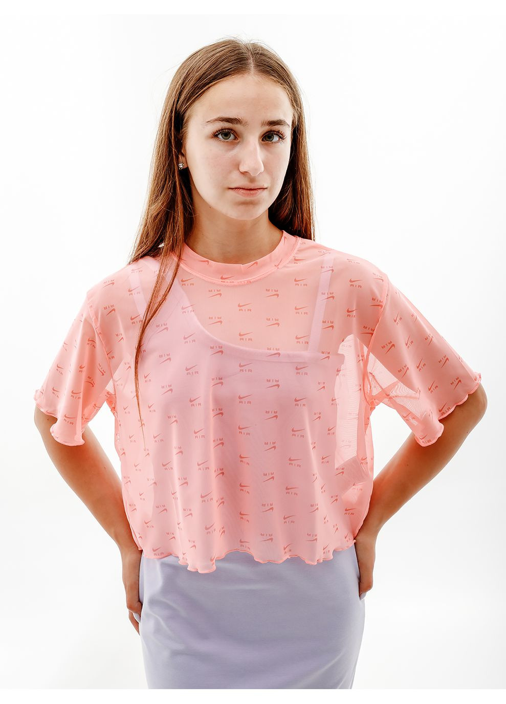Рожева літня жіноча футболка w nsw air aop mesh ss crop top рожевий Nike