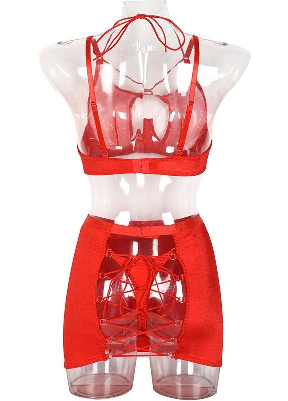 Красный демисезонный сексуальный комплект белья красная сеточка юбка завязки Veronica