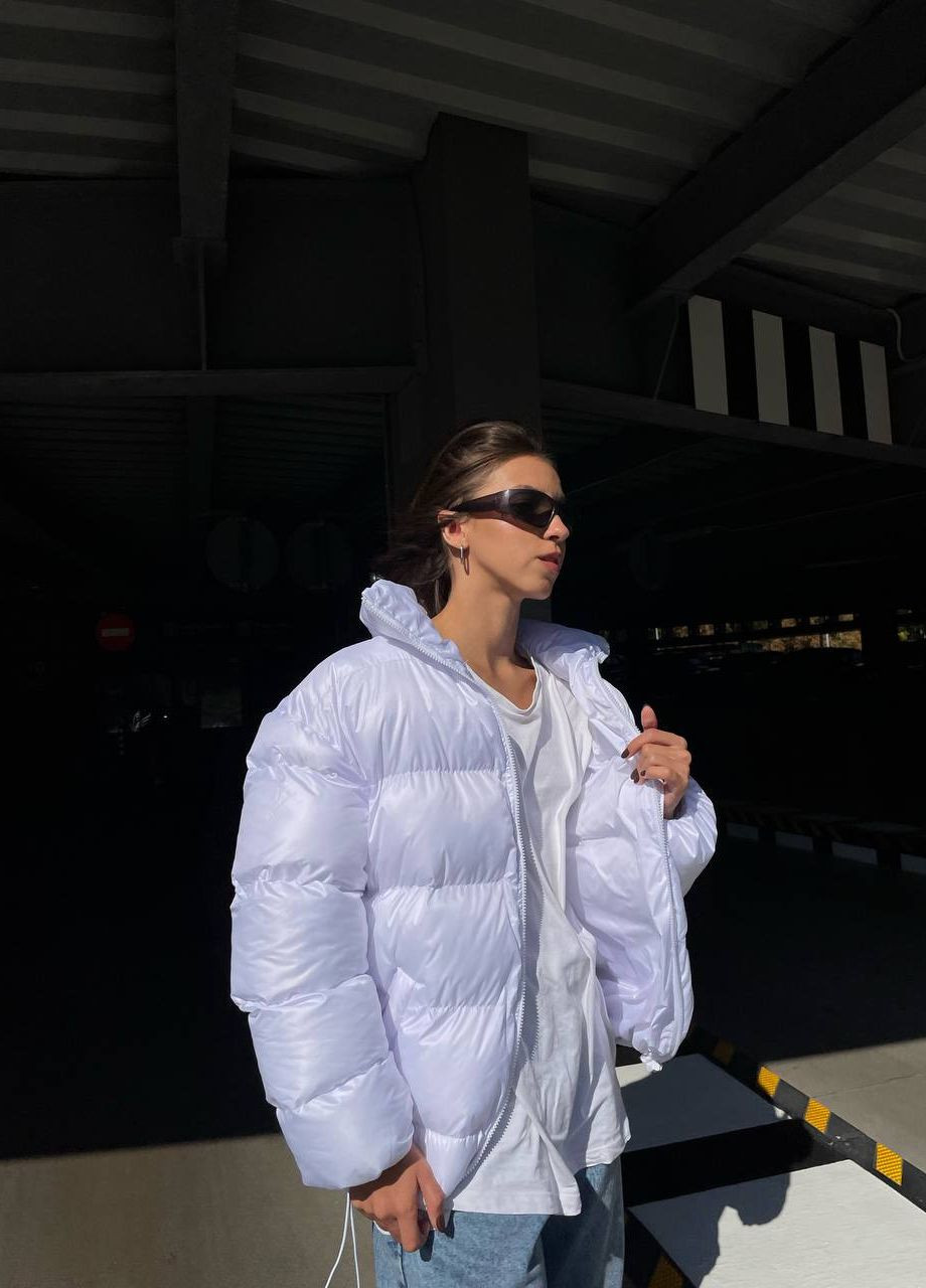 Біла зимня жіноча коротка зимова куртка з утяжками без капюшона ZF inspire