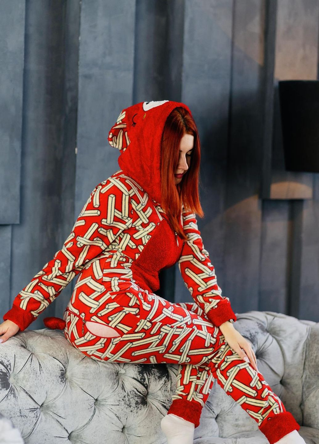 Красная зимняя пижама комбинезон Pijamoni Попожама палички (комбінезон з карманом на попі, піджамоні) - кигурумі