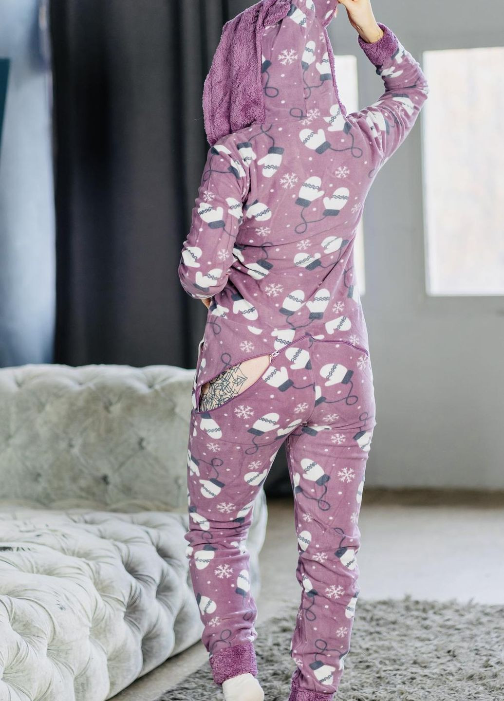 Светло-фиолетовая зимняя пижама комбинезон Pijamoni Попожама рукавичка (комбінезон з карманом на попі, піджамоні) - кигурумі