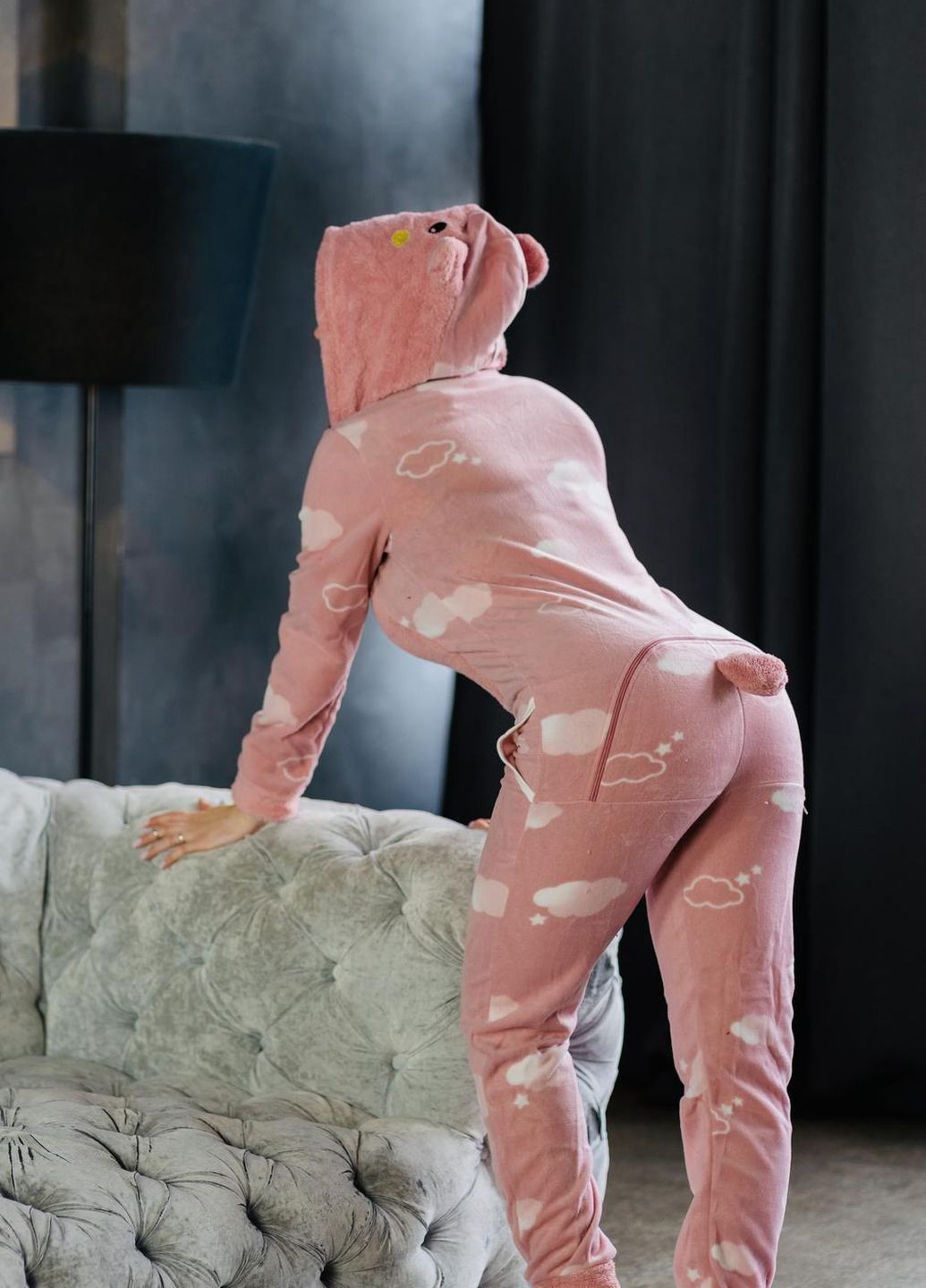 Темно-розовая зимняя пижама комбинезон Pijamoni Попожама хмаринка (комбінезон з карманом на попі, піджамоні) - кигурумі