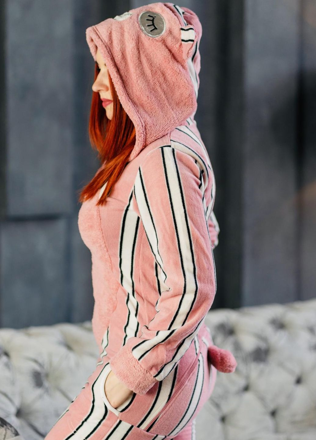 Светло-розовая зимняя пижама комбинезон Pijamoni Попожама смужка (комбінезон з карманом на попі, піджамоні) - кигурумі