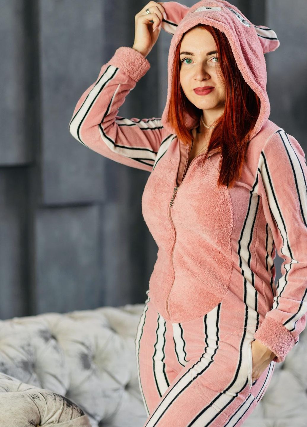 Светло-розовая зимняя пижама комбинезон Pijamoni Попожама смужка (комбінезон з карманом на попі, піджамоні) - кигурумі