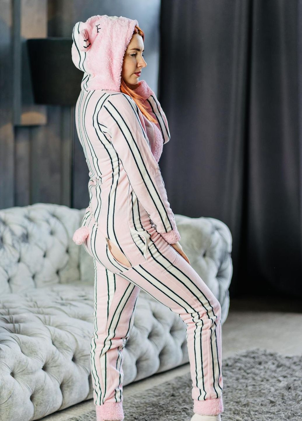 Персиковая зимняя пижама комбинезон Pijamoni Попожама смужка (комбінезон з карманом на попі, піджамоні) - кигурумі