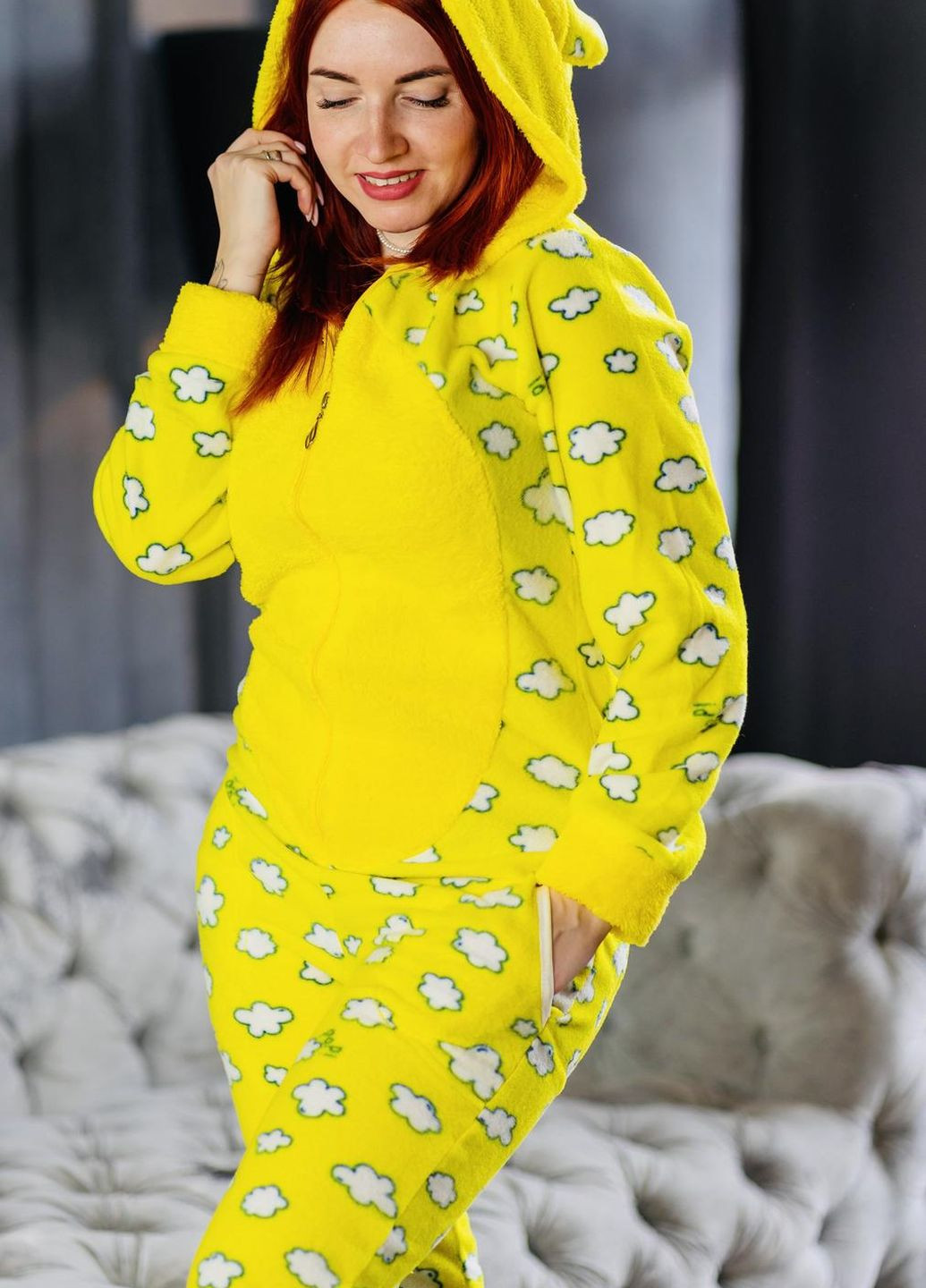 Желтая зимняя пижама комбинезон Pijamoni Попожама хмарка (комбінезон з карманом на попі, піджамоні) - кигурумі