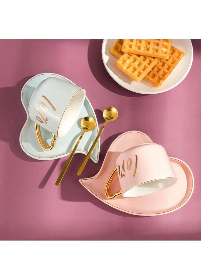 Чашка з ложкою та блюдцем 6909 200 мл блакитна No Brand (269135551)