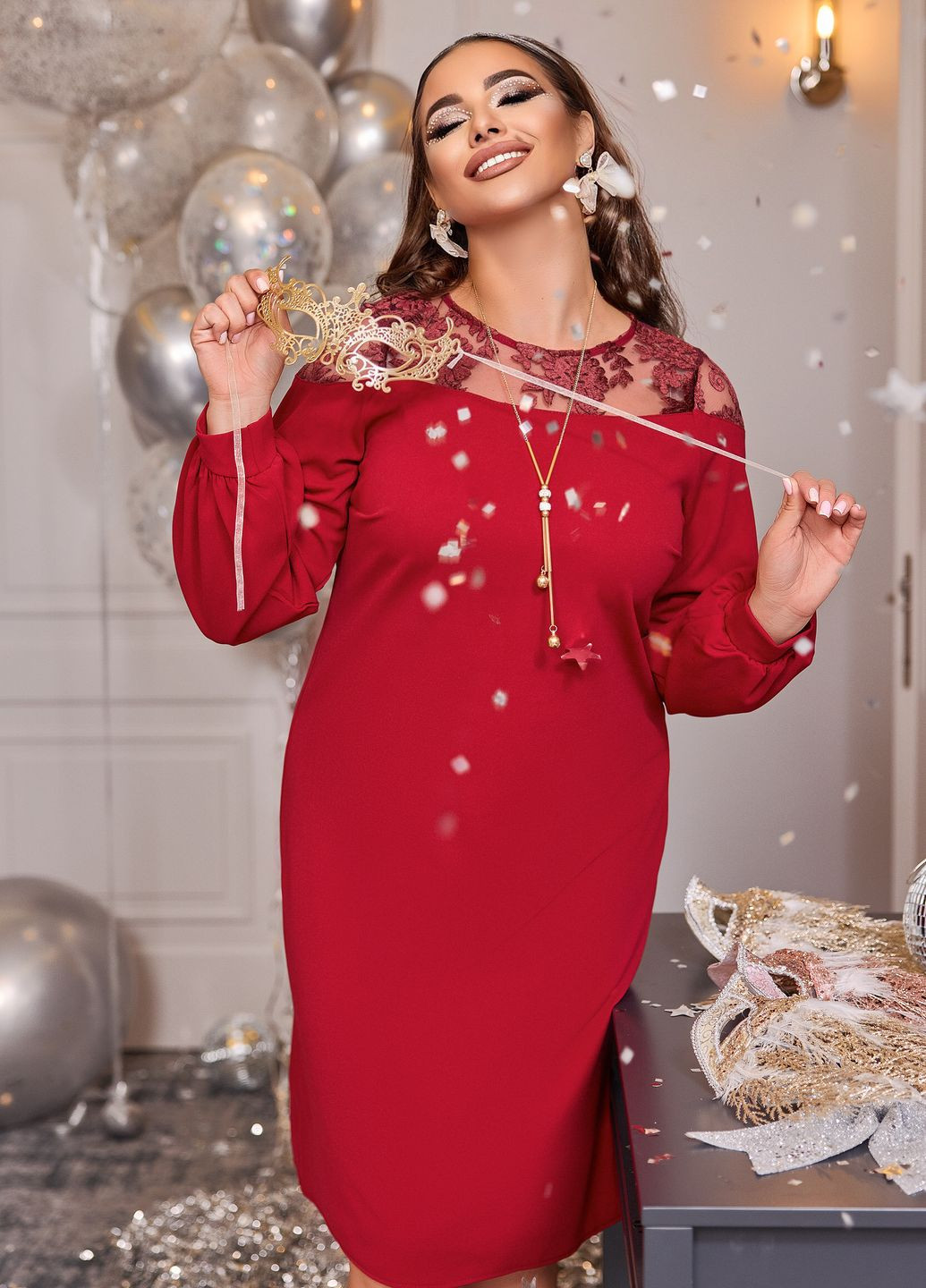 Бордовое праздничный праздничное кружевное платье с украшением No Brand однотонное