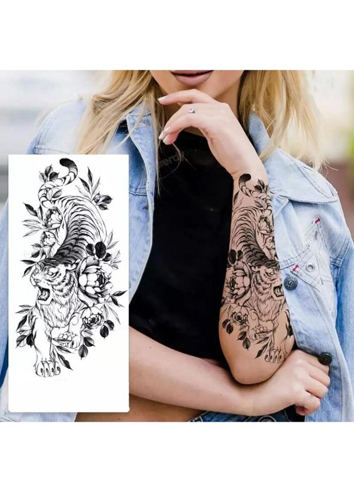Тимчасовий тату водостійкий 3D великий Тигр у квітах FF-110 17.5х9 см No Brand (269368866)