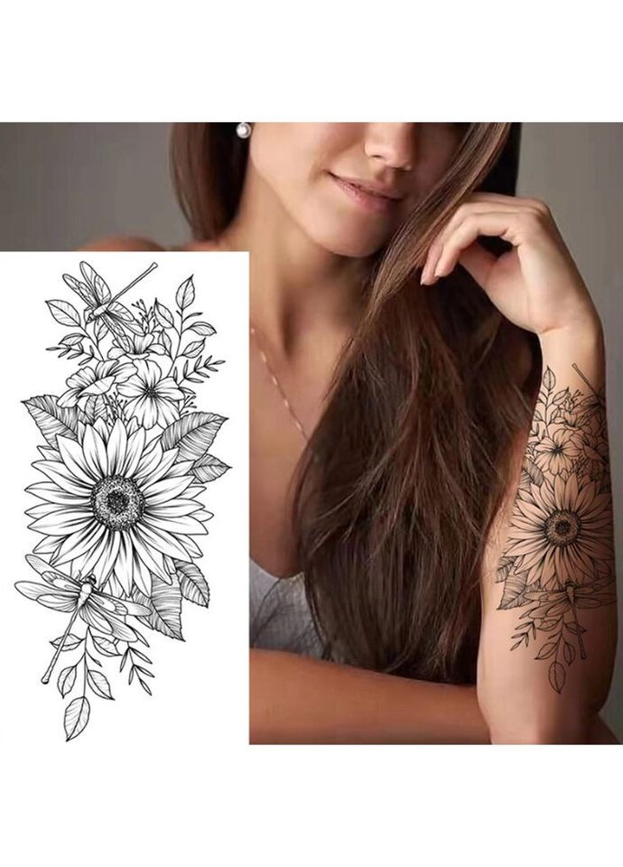 Временное тату водостойкое 3D большое Цветы с листьями BK-071 18х8 см No Brand (269368732)