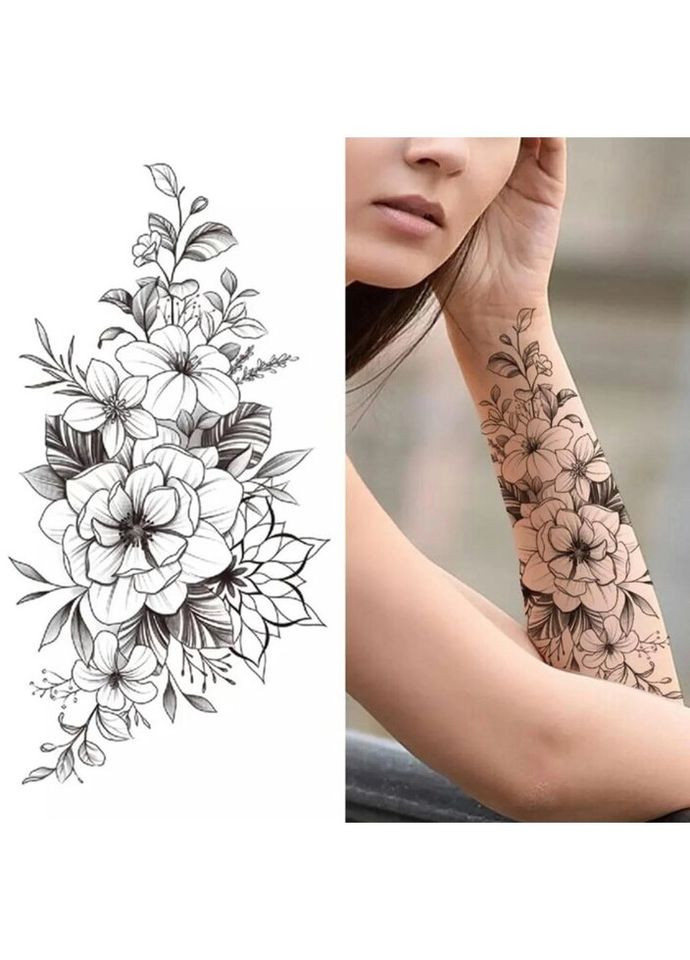 Временное тату водостойкое 3D большое Цветы и листья XQB-338 19,5х10 см No Brand (269368754)