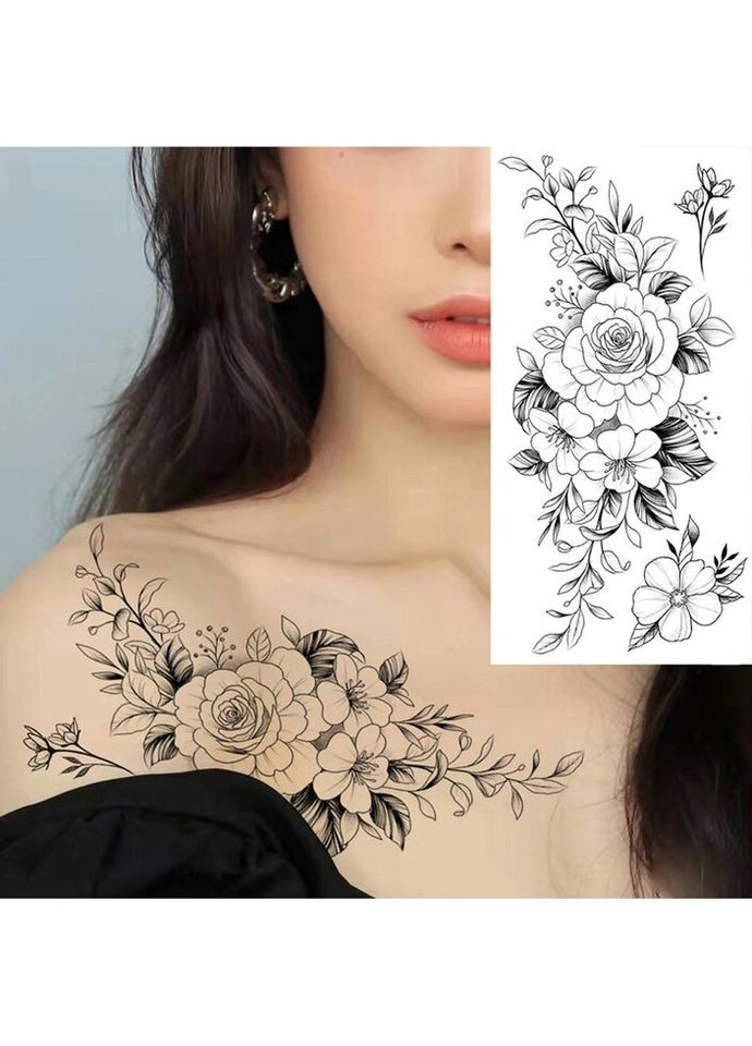 Временное тату водостойкое 3D большое Цветы BK-001 18х9 см No Brand (269368886)