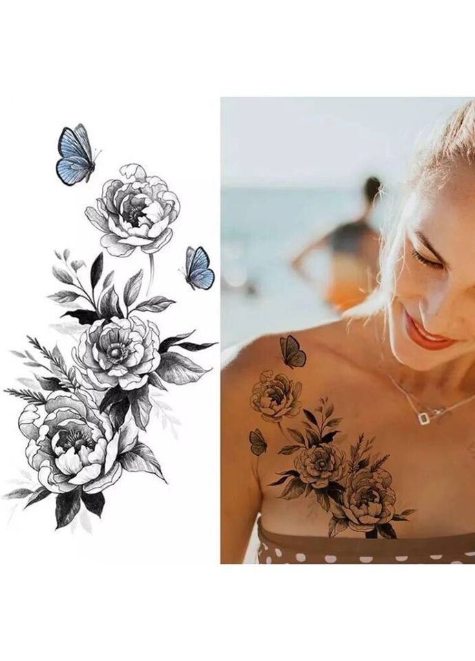 Тимчасовий тату водостійкий 3D великий Метелики з квітами BK-062 17х9 см No Brand (269368816)