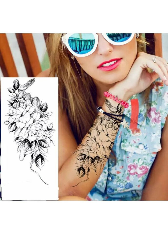 Тимчасове тату водостійке 3D велике Квіти зі змією FF-104 18х8.5 см No Brand (269368915)