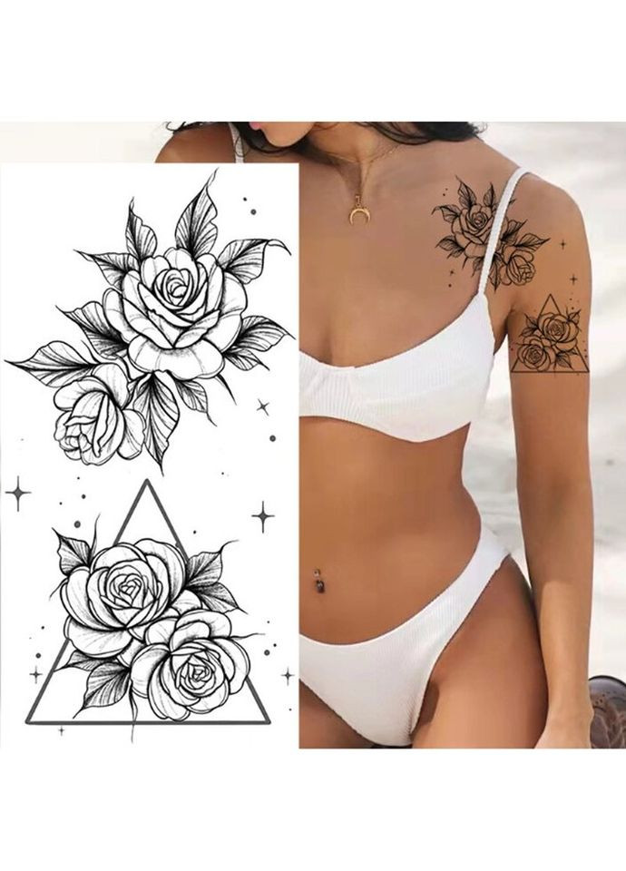 Временное тату водостойкое 3D большое Розы в треугольнику BK-027 17.5х9 см No Brand (269368762)