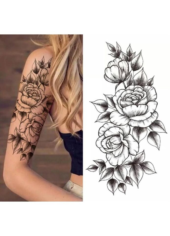 Временное тату водостойкое 3D большое Цветы с листьями XQB-334 19,5х9 см No Brand (269368857)