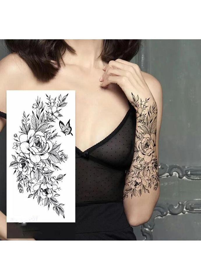 Временное тату водостойкое 3D большое Цветы и бабочка FF-081 18х8.5 см No Brand (269368858)