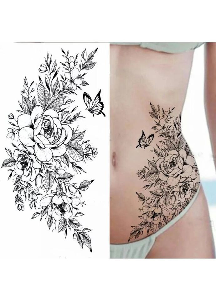 Временное тату водостойкое 3D большое Цветы и бабочка FF-081 18х8.5 см No Brand (269368858)