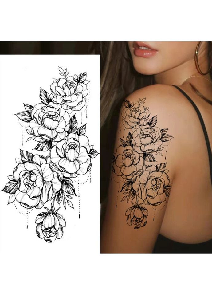 Временное тату водостойкое 3D большое Пионы с листьями BK-040 17х9 см No Brand (269368738)