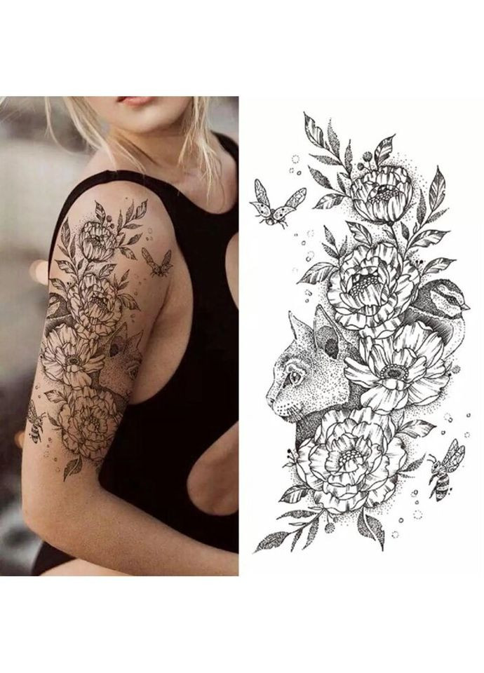 Временное тату водостойкое 3D большое Цветы и кот XQB-349 19.5х9 см No Brand (269368758)