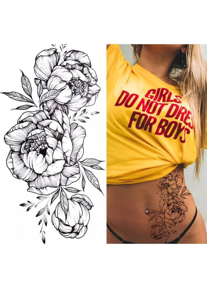 Временное тату водостойкое 3D большое Красивые пионы BK-045 18х9 см No Brand (269368768)