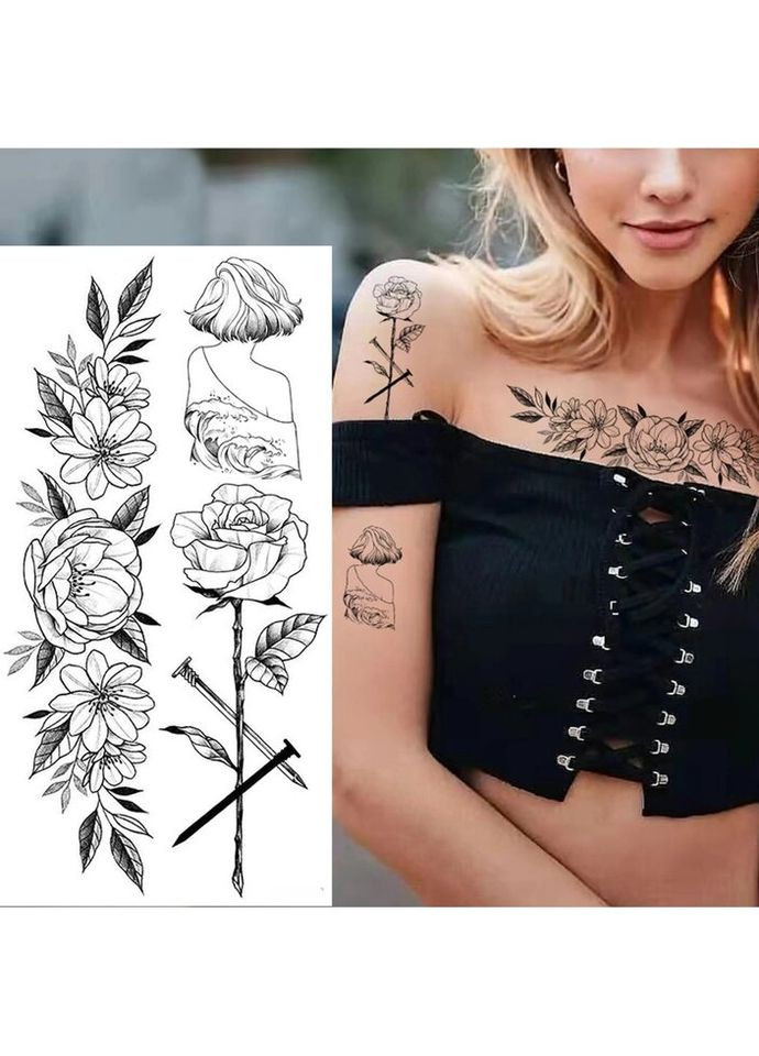 Временное тату водостойкое 3D большое Роза BK-019 18х9 см No Brand (269368757)