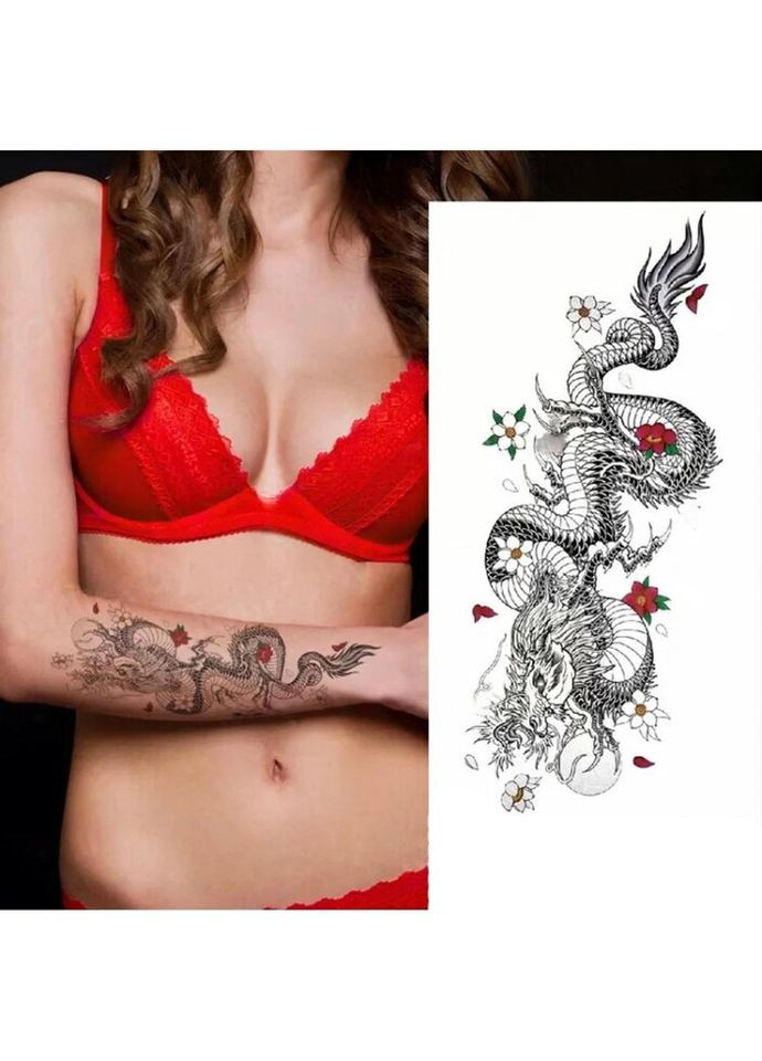 Тимчасовий тату водостійкий 3D великий Дракон з квітами XQB-327 20х8 см No Brand (269368912)