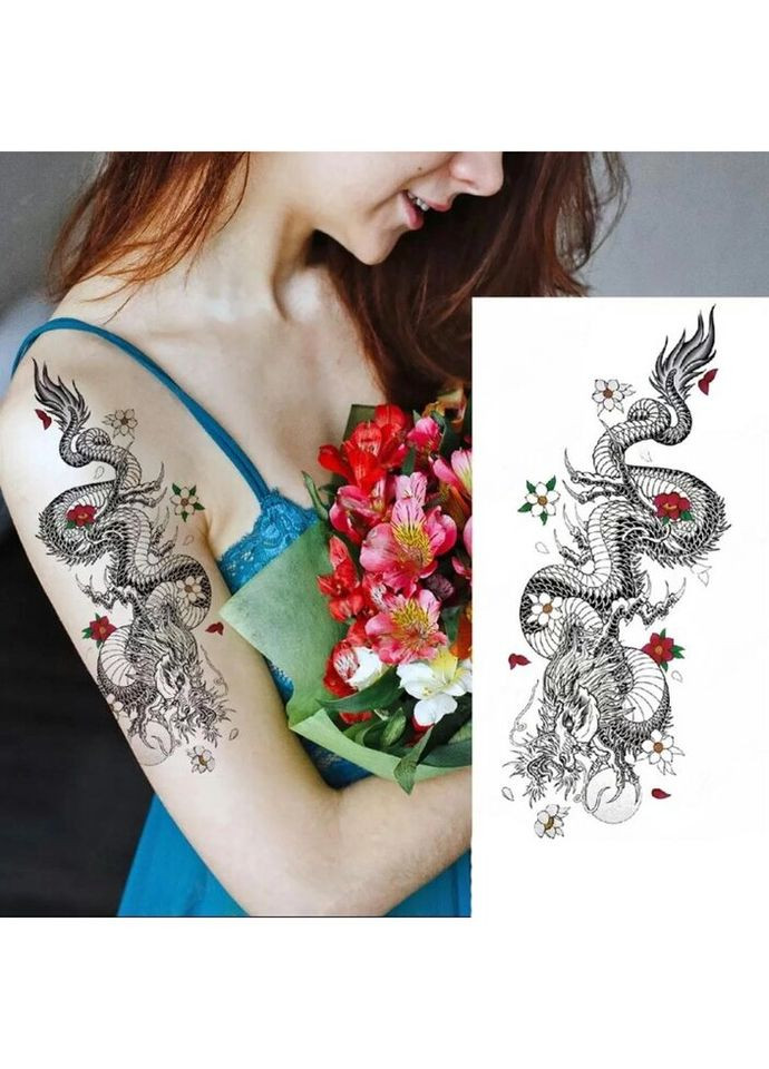 Тимчасовий тату водостійкий 3D великий Дракон з квітами XQB-327 20х8 см No Brand (269368912)