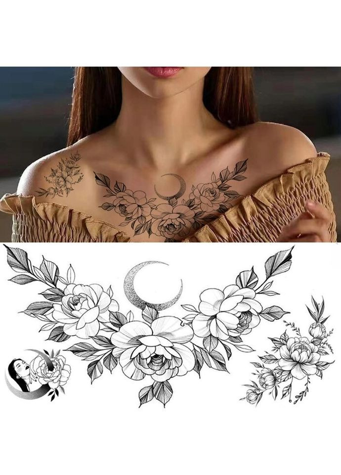 Временное тату водостойкое 3D большое Лунные цветы BK-020 18х9 см No Brand (269368849)