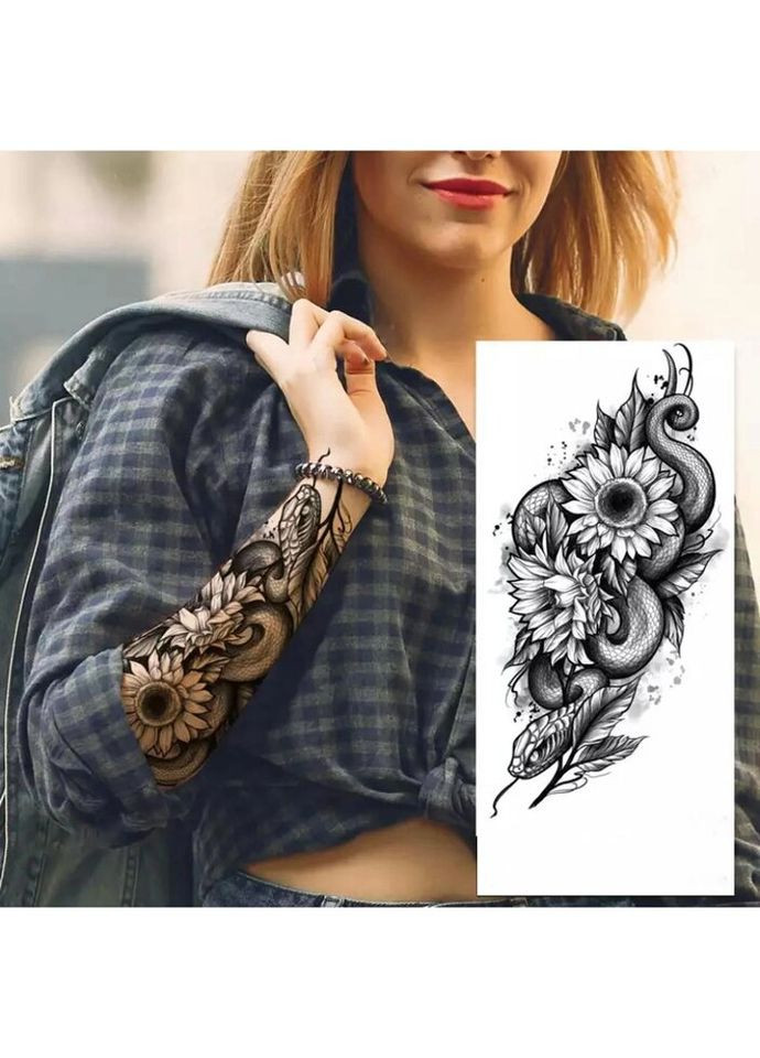 Временное тату водостойкое 3D большое Змея в подсолнухах FF-102 18х8.5 см No Brand (269368870)