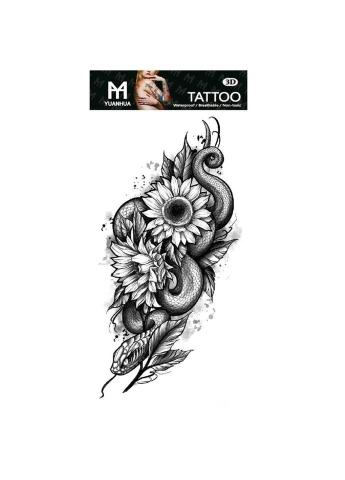 Временное тату водостойкое 3D большое Змея в подсолнухах FF-102 18х8.5 см No Brand (269368870)