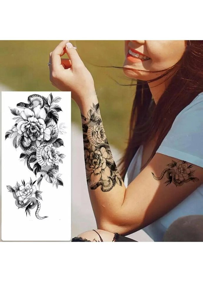 Временное тату водостойкое 3D большое Змея с цветами FF-107 17.5х8.5 см No Brand (269368902)