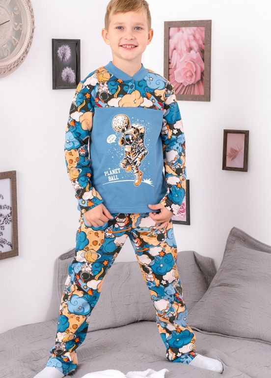 Синяя зимняя пижама для мальчика на кнопке лонгслив + брюки Носи своє
