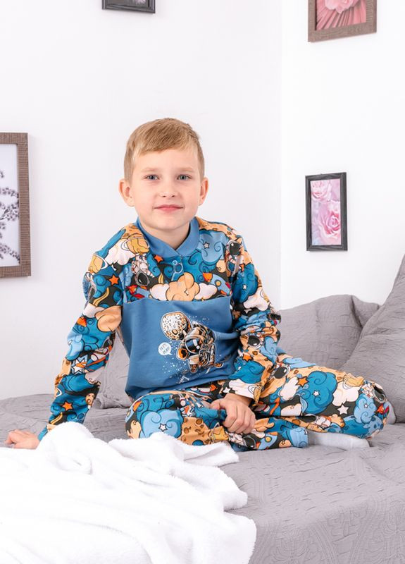 Синяя зимняя пижама для мальчика на кнопке лонгслив + брюки Носи своє