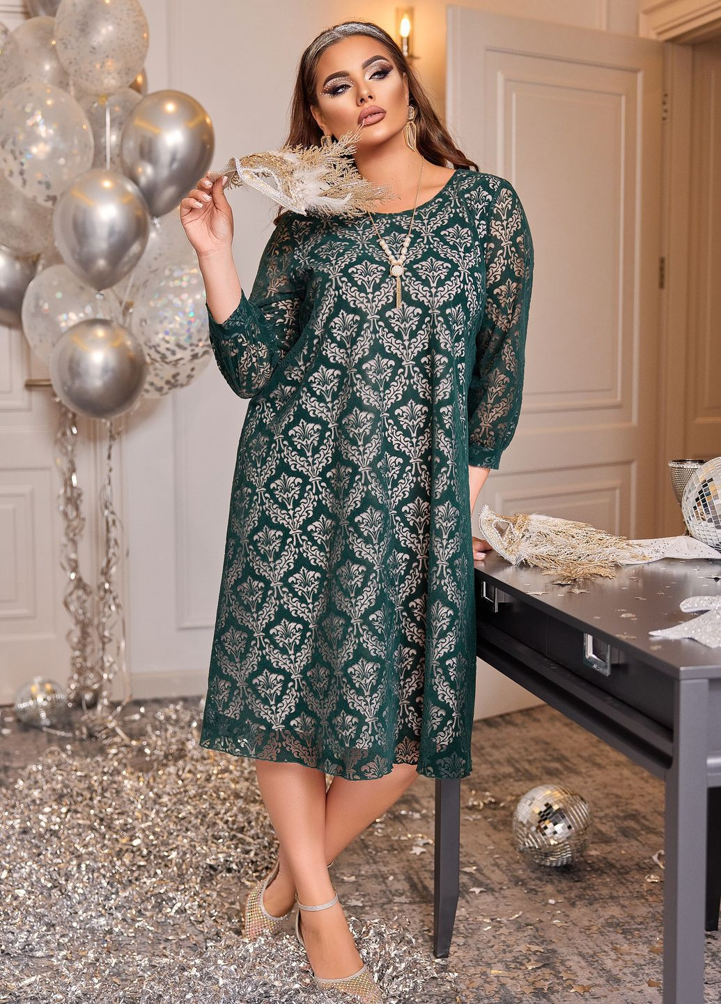 Зелена святковий святкова сукня з прикрасою дзвін No Brand з орнаментом