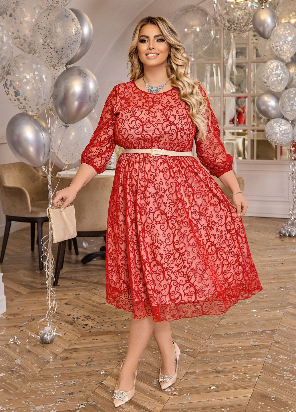 Червона святковий святкова сукня з поясом дзвін No Brand з орнаментом